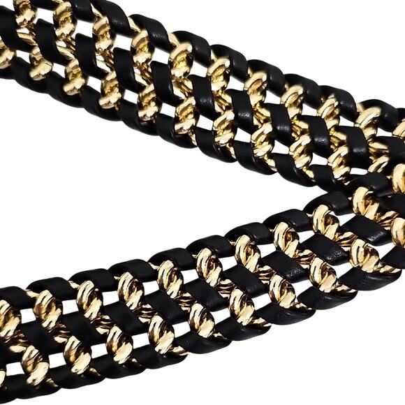 Chic Gold Braided Chain and Black Faux Leather Women's Belt Size S/M 38" Long - Picture 3 of 5
